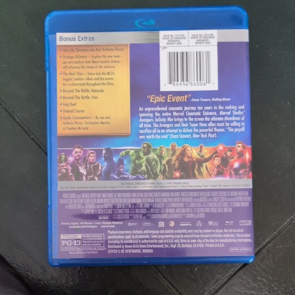 Avengers Infinity War Blu-ray USED - Picture 2 of 2